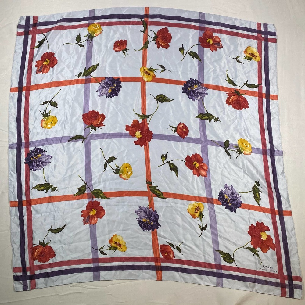 Lauren Ralph Lauren Silk Tie Neck Scarf 31” x 31” Floral Red Purple Yellow